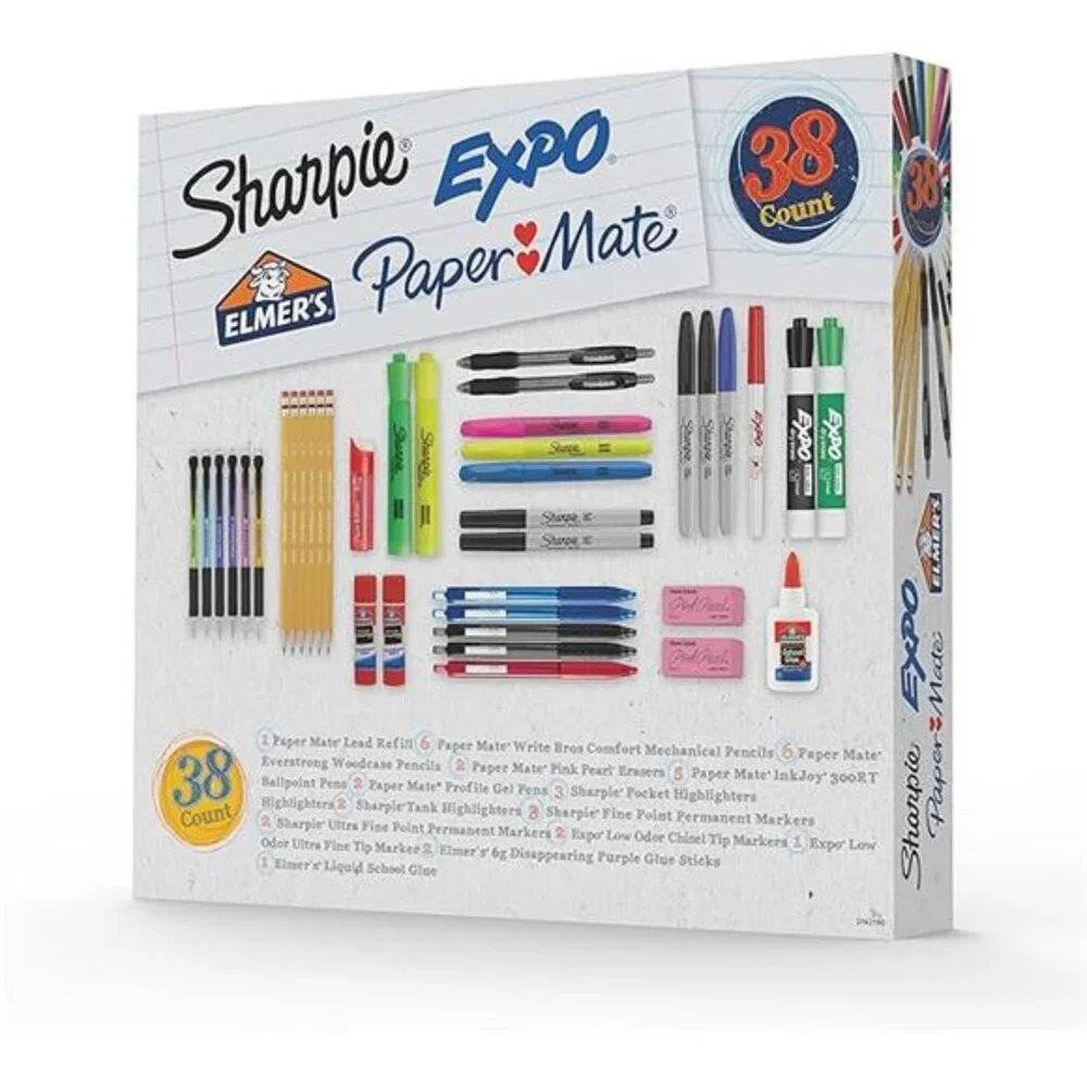 38-Piece School Supplies Kit -Includes Highlighters, Pencils, Glue, Markers, Etc